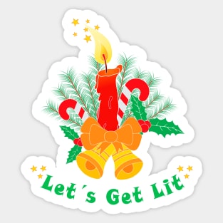 Christmas bells, candle, candy, holly berry with funny pun: Let’s Get Lit Sticker